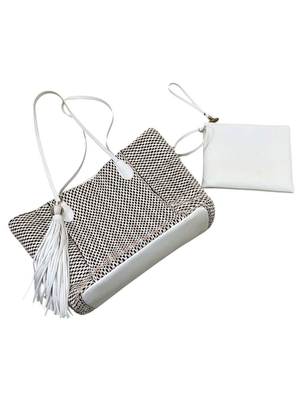 Sondra Roberts Black, tan, White Woven Tote with Tassel vegan leather pouch